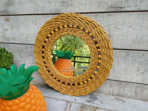 Miroir Rotin Vintage Perles et Verre Grav Fleurs 
55 Loches (37)