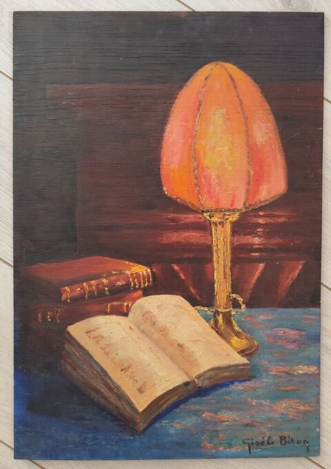 Nature morte huile sur bois lampe et livres 0 Broué (28)