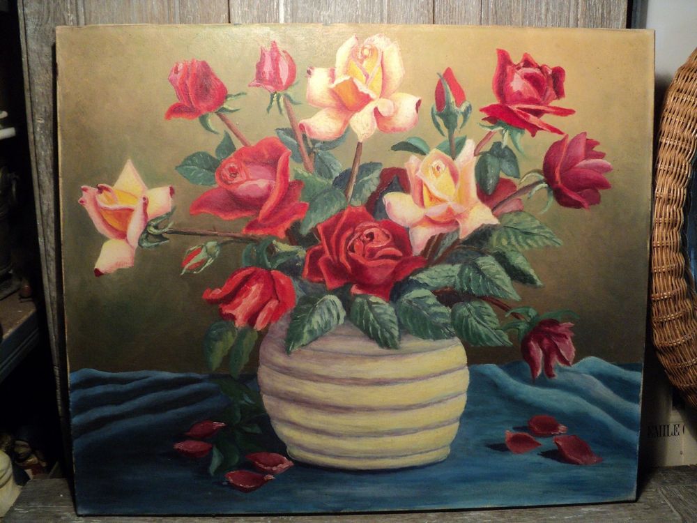 Ancien Tableau Bouquet de Fleurs Roses 1960. Dcoration