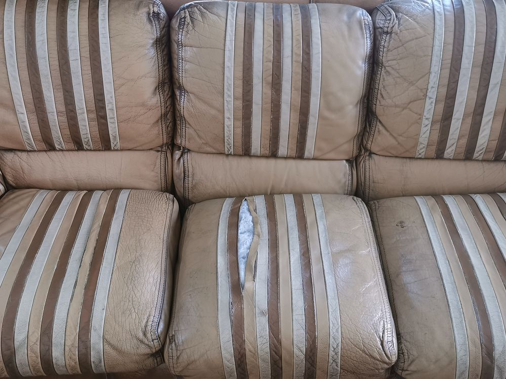 [DON] Canap&eacute; 3 places en cuir marron / beige - Confortable Meubles