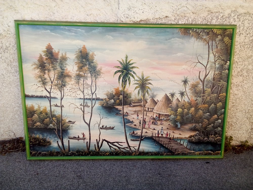 PEINTURE NAIVE VILLAGE LACUSTRE AFRICAIN dimens 2.50m x1.75m 