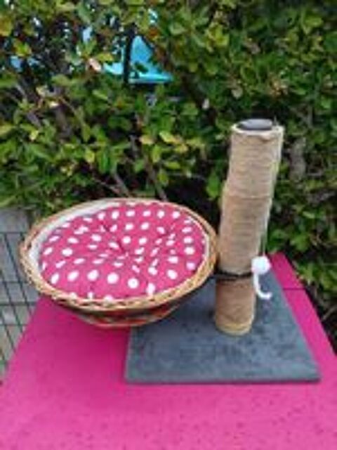   adorable arbre à chat avec panier en osier et jouets 