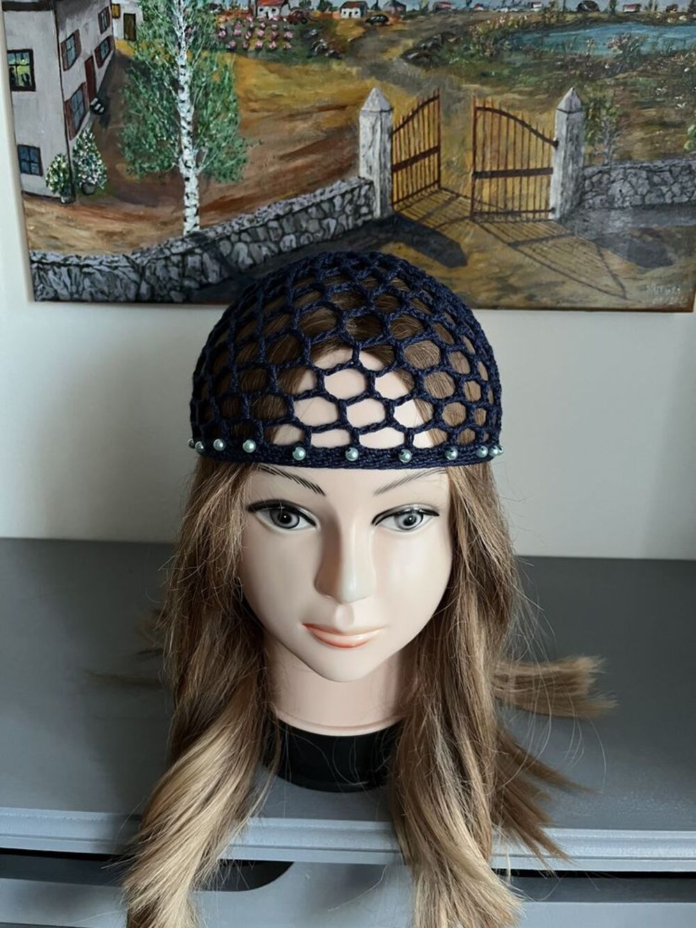 Chapeau Toque Bonnet Bob Bleu fonc&eacute; perles Vêtements