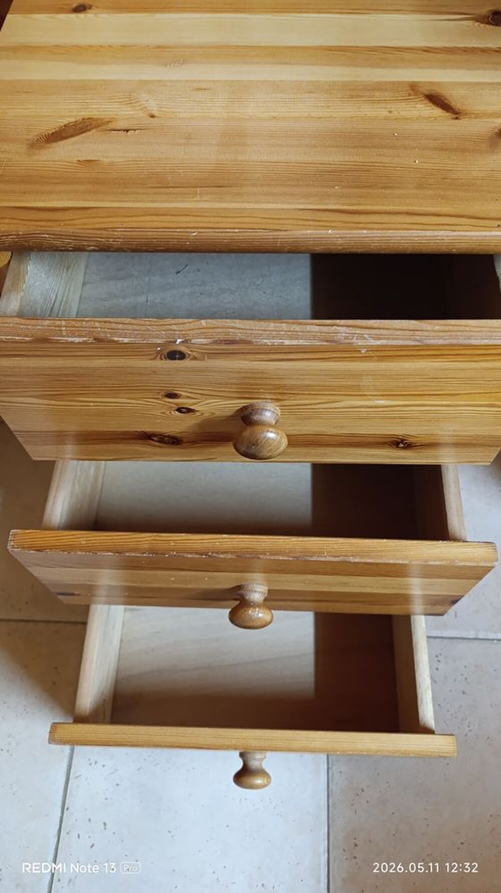 Caisson 3 tiroirs pin massif Bureau ou Chevet Meubles
