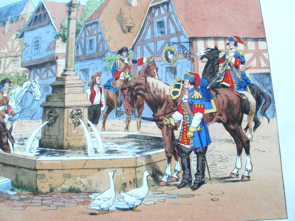 Gravure Pierre A LEROUX Soldats militaires &agrave; la fontaine Décoration