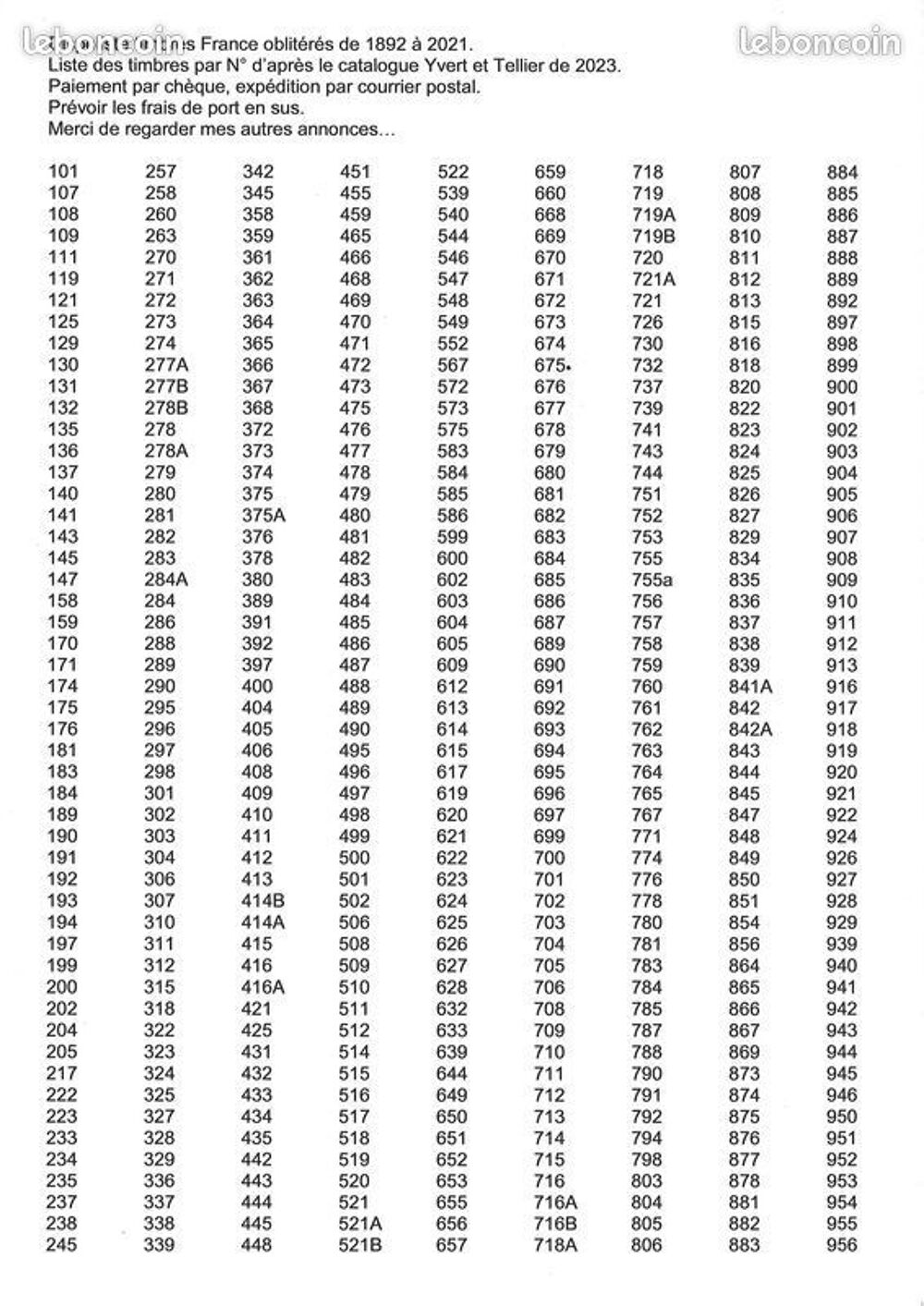 Dispoliste timbres France oblit&eacute;r&eacute;s de 1892 &agrave; 2009
