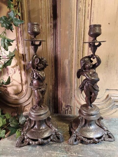 Anciens Bougeoirs Chandelier R�gule Angelots Cupidon Anges 130 Loches (37)