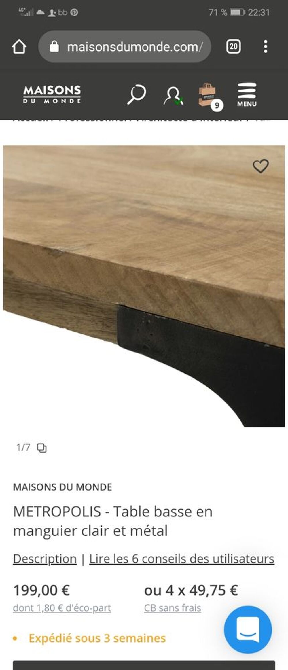 Table basse manguier massif et m&eacute;tal Meubles