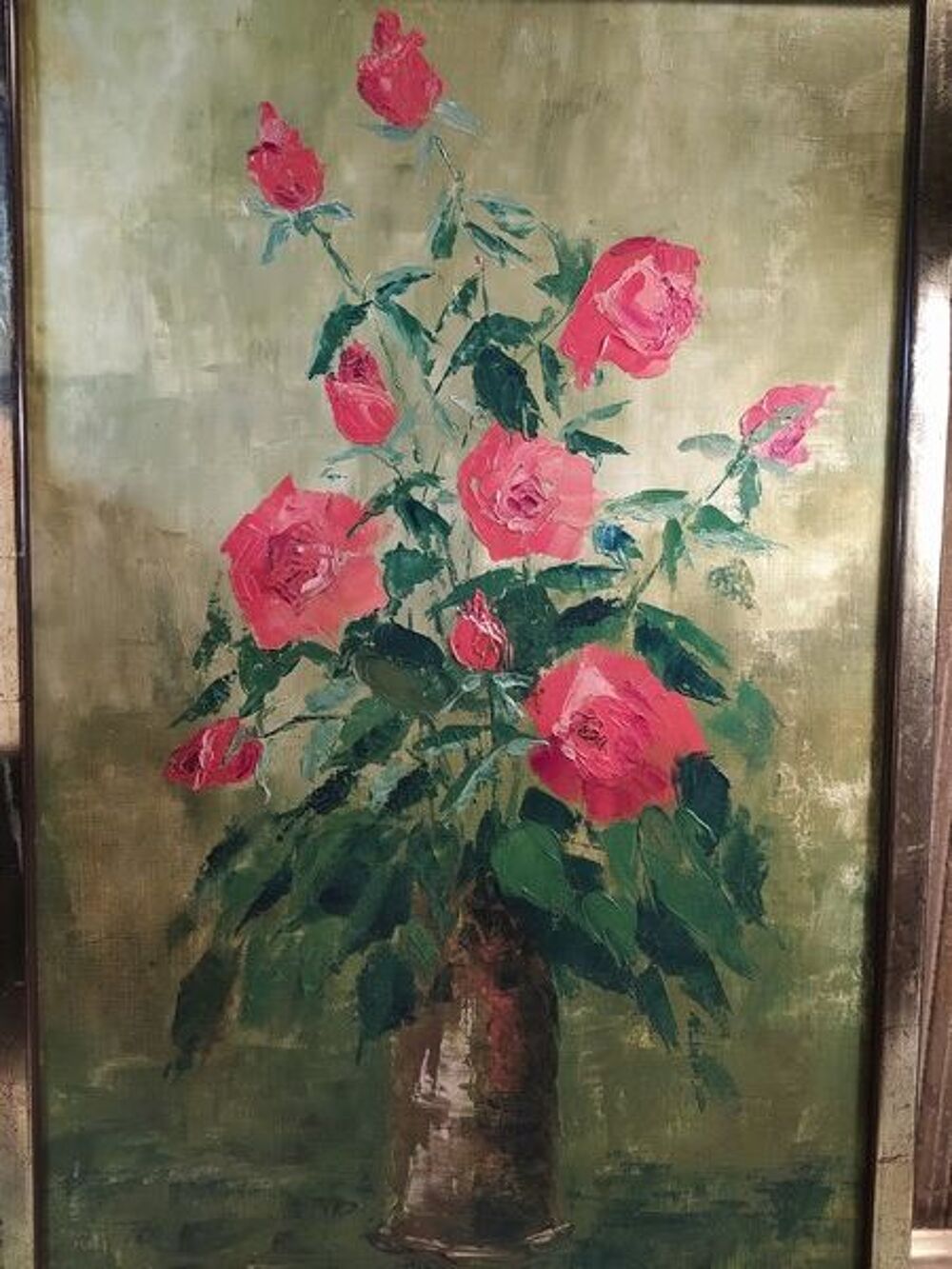 Tableau Peinture Bouquet de Roses Rouges Vers 1960. Décoration