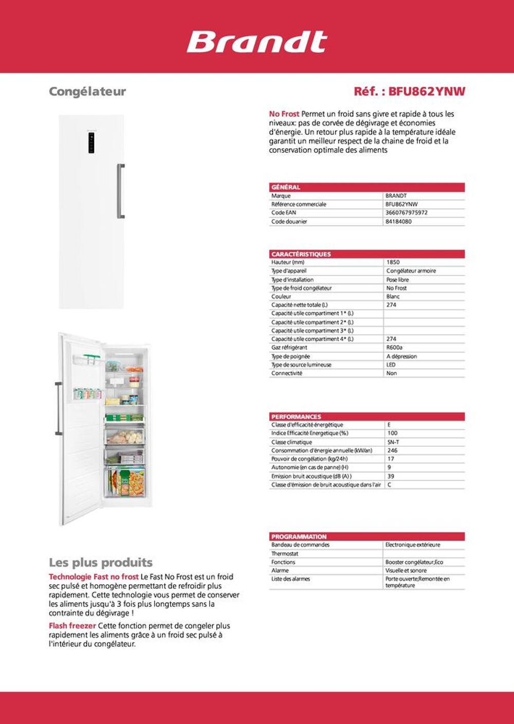 Cong&eacute;lateur BRANDT No Frost 262 L Electroménager