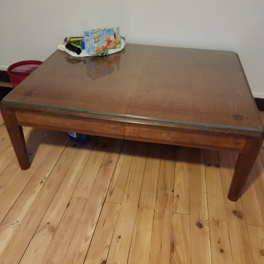 GRANDE TABLE BASSE MARQUETTEE + PLATEAU VERRE BISEAUTE Meubles