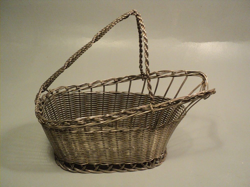 Ancien Panier Tress&eacute; Porte-Bouteille Vin M&eacute;tal Argent&eacute; Cuisine