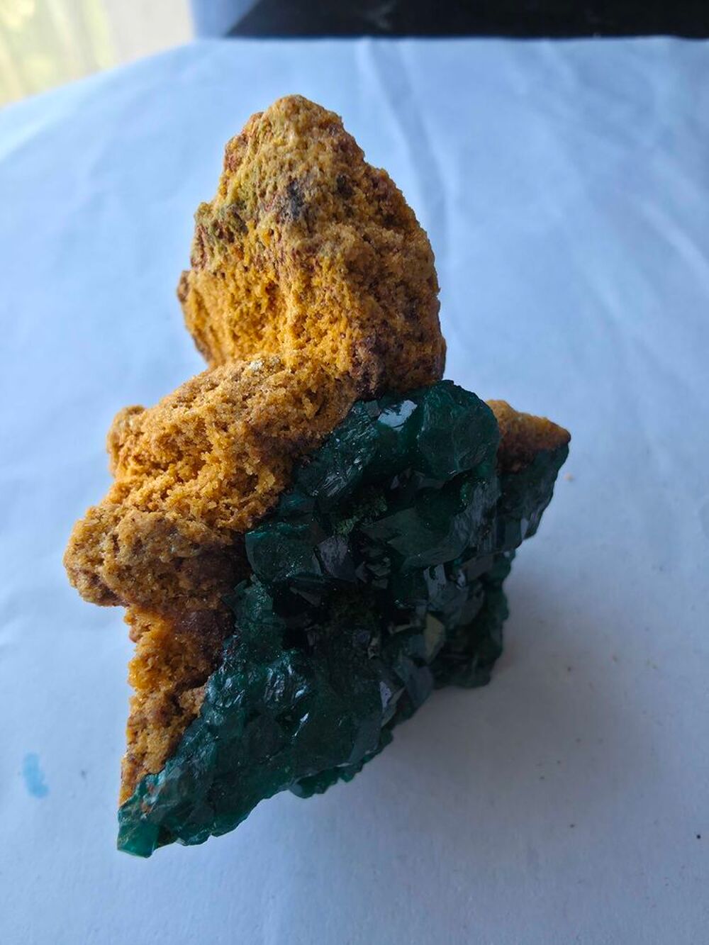 V&eacute;ritable Dioptase sur Gangue Ocre-Min&eacute;ral de Collection Katanga 92g 