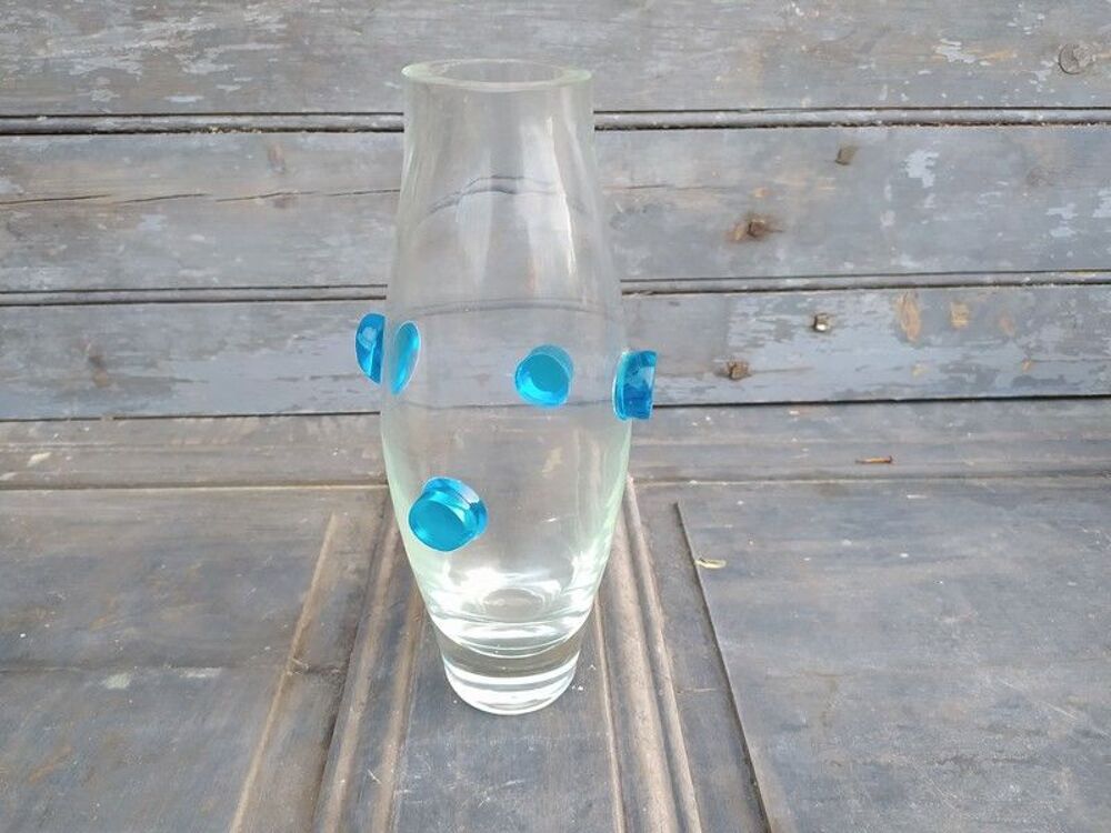 Vase en Verre &agrave; Pastilles Bleues Design Vintage Murano Décoration