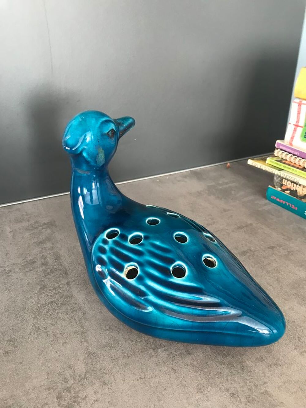 Pique-fleurs canard en fa&iuml;ence &eacute;maill&eacute;e bleu turquoise Décoration