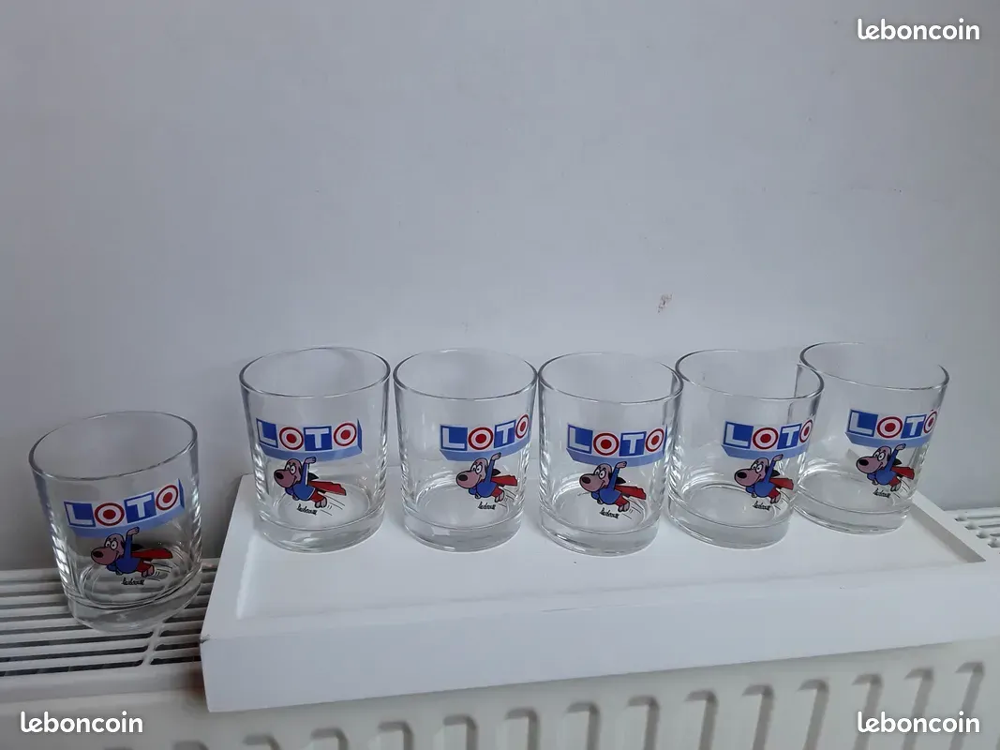 6 Ancien Verre Publicitaire LOTO Jeux Ap&eacute;ritif Vintage Colle Décoration