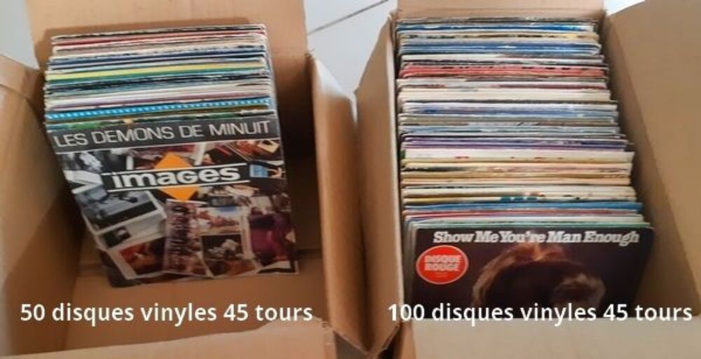 Lot de 100 disques vinyles 45 tours des ann&eacute;es 60-70-80-90 CD et vinyles