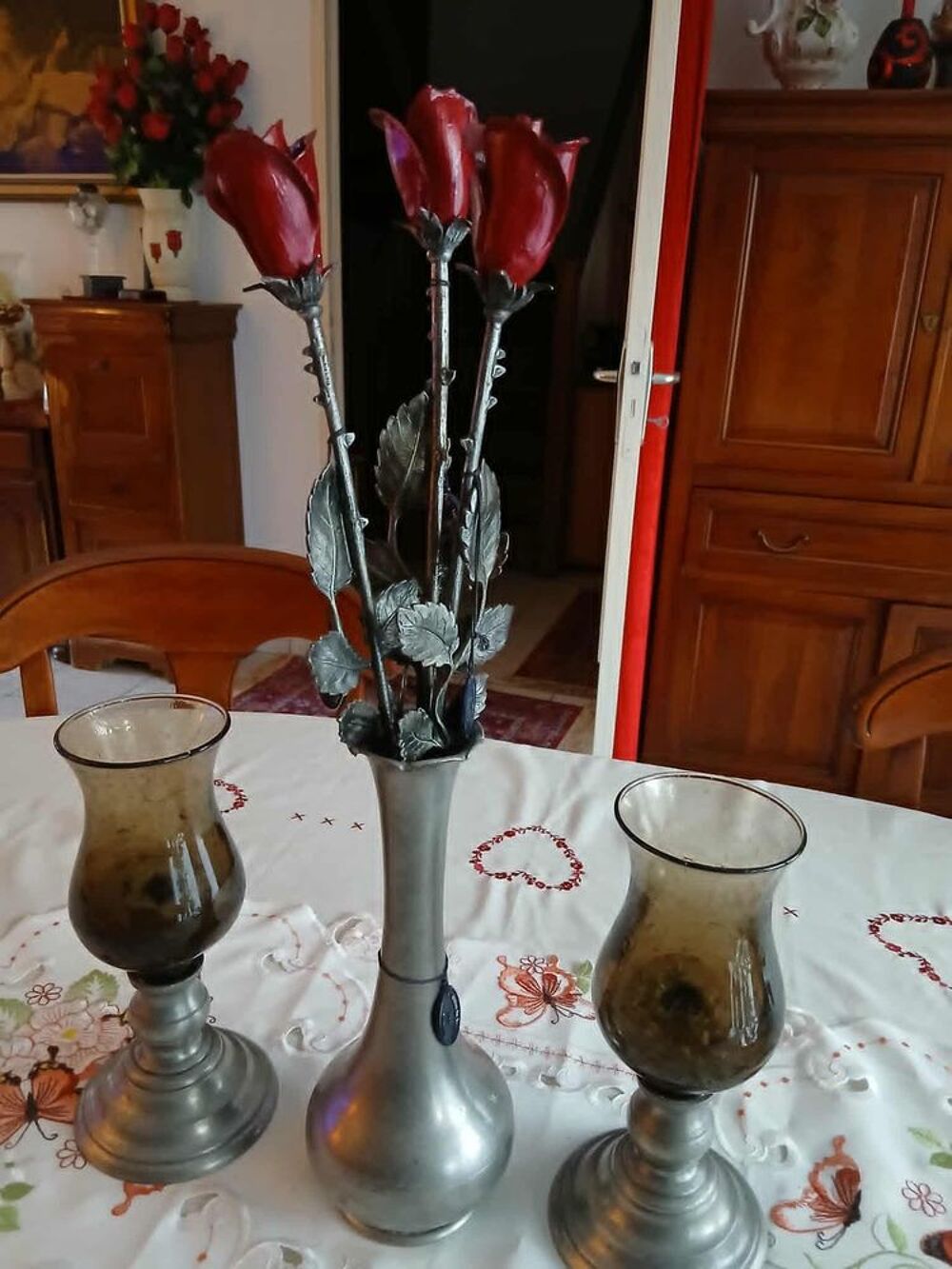  Vase vintage 3 roses &eacute;tain 2 photophores &eacute;tain verre bull&eacute; D�coration