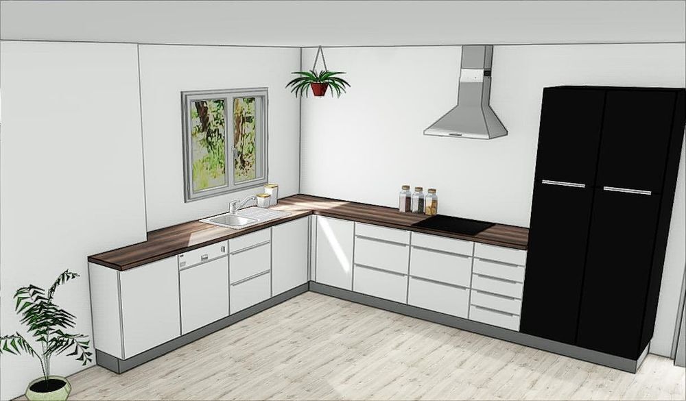 CUISINE EQUIPEE EN FORME L + ilot + LV + EVIER + Mitigeur
Cuisine