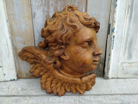 Ancienne Sculpture Tête Ange Angelot Bois Sculpté  180 Loches (37)