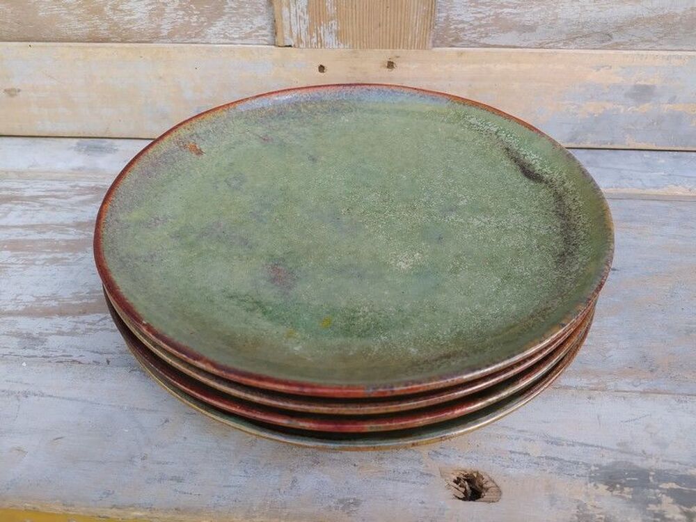 4 Assiettes Gr&egrave;s &Eacute;maill&eacute; Vert Porterie Artisanale Décoration