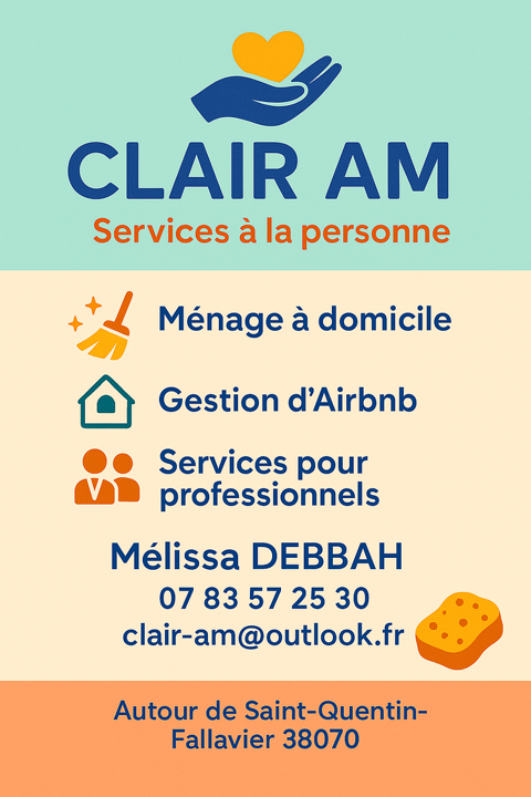 Conciergerie & Ménage de confiance
Claire AM à votre service 0 38070 Saint-quentin-fallavier