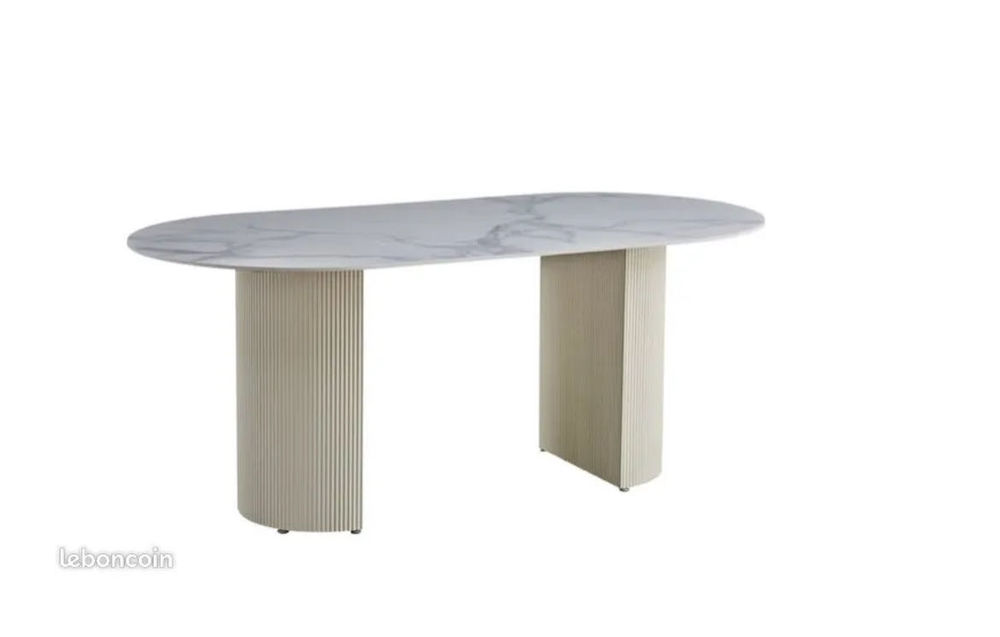 Table &agrave; manger ANNA plateau en c&eacute;ramique marbr&eacute; blanc L 180 cm Meubles