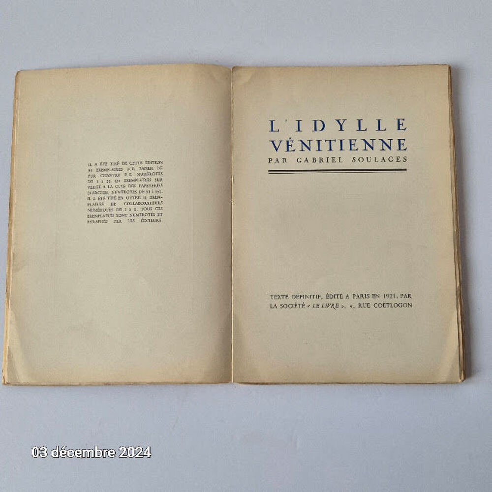 L'idylle v&eacute;nitienne. le livre, 1921; Gabriel Soulage recueil Livres et BD