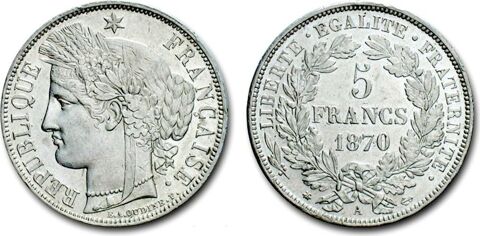 RARE MONNAIE  F 333/1   5 F CERES 1870 A  SPL 164 Raismes (59)