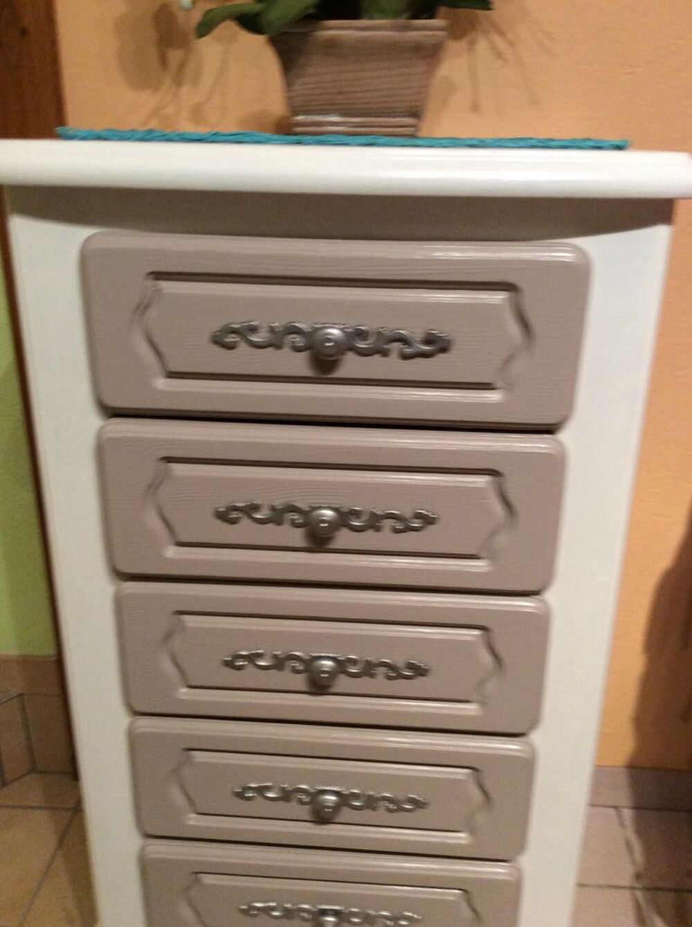 chiffonnier -Marron glace et Blanc Satin (stri&eacute; effet bois) Meubles