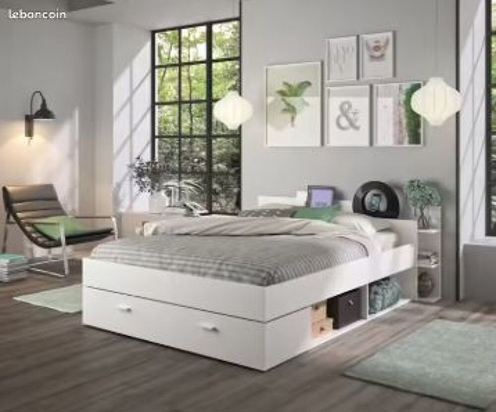 Lit avec rangements 140x190 cm blanc Meubles