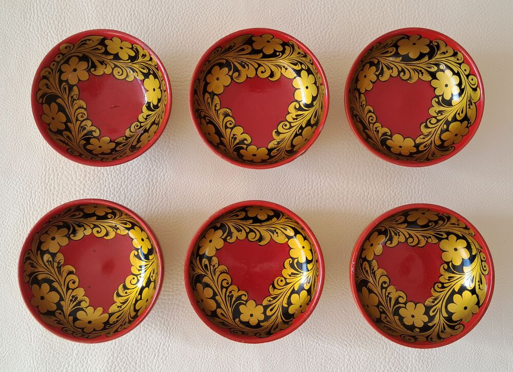 lot de 6 petit bol coupelle en bois laqu&eacute; noir rouge or Décoration