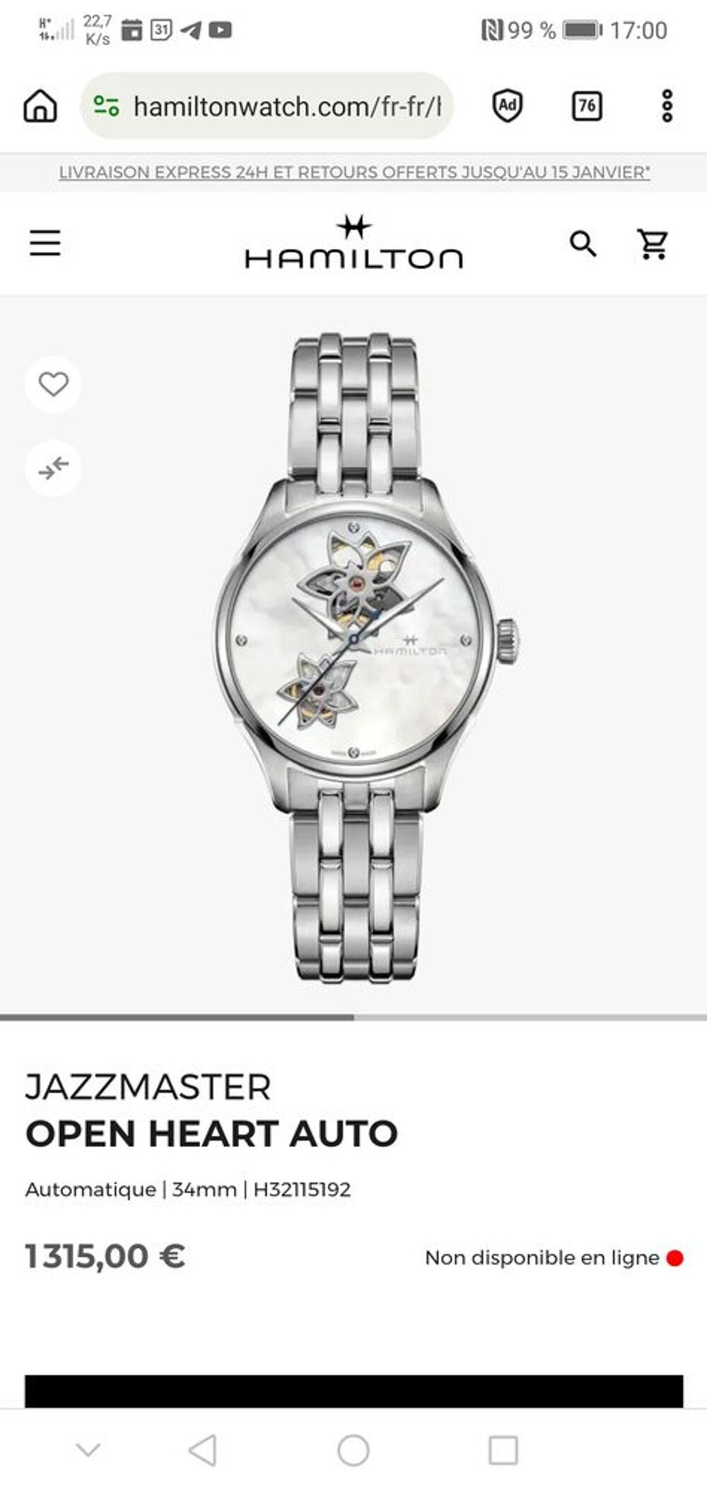 ?Montre Hamilton ?Nacre diamants cadeau de No&euml;l Bijoux et montres