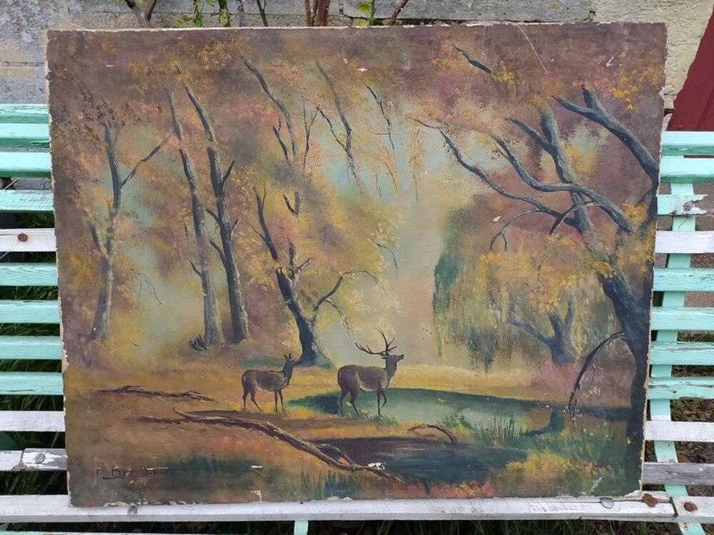 Ancien Tableau Cerf et Biche en For&ecirc;t 