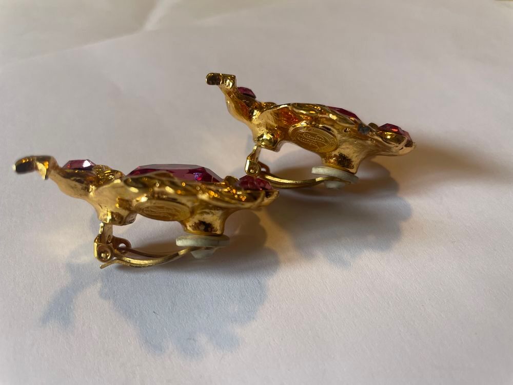 BO Boucles d'Oreilles laurier dor&eacute;e strass rose I.FRESSANGE Bijoux et montres