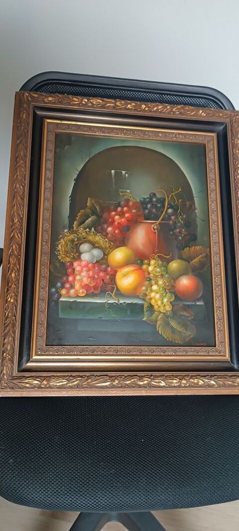 A à l'huile sur panneau vintage - Nature morte aux fruits 800 Belgique (59)