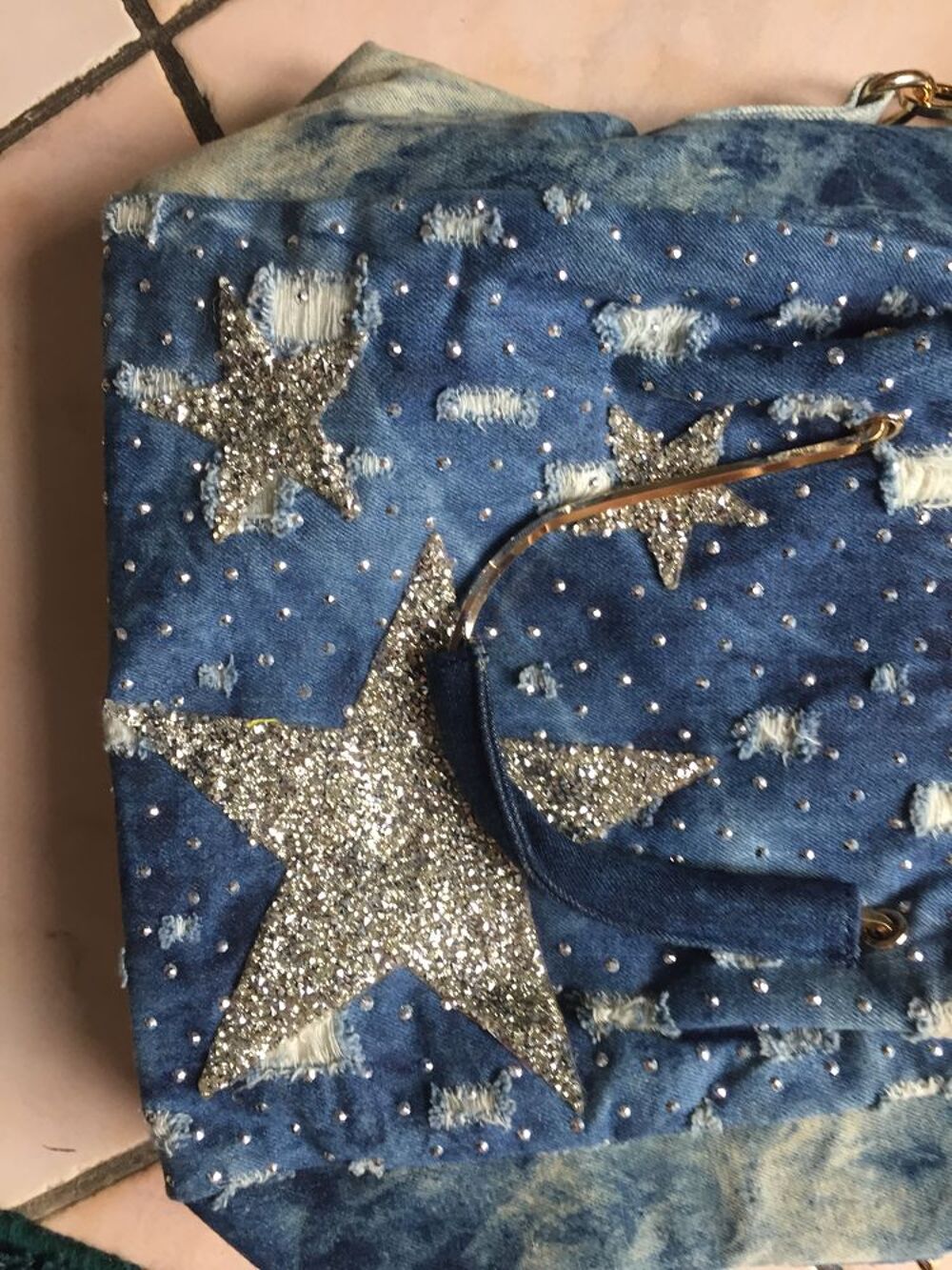 Sac &agrave; main en jean bleu NEUF avec strass ETOILE Maroquinerie