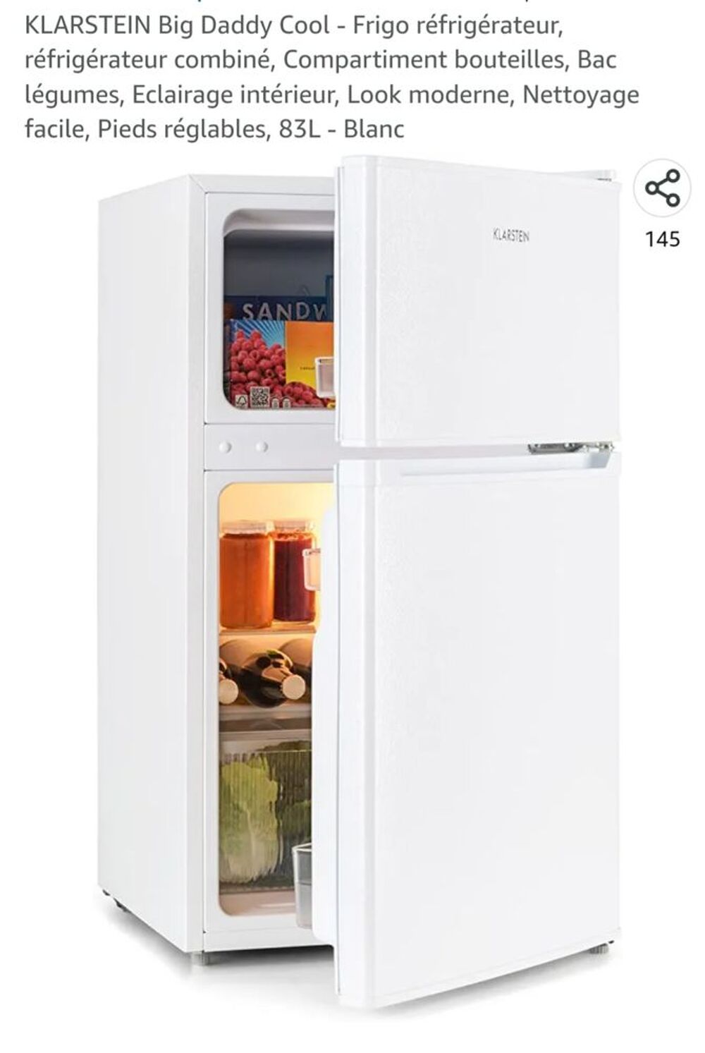 R&eacute;frig&eacute;rateur Klarstein Big daddy 83L blanc Electroménager