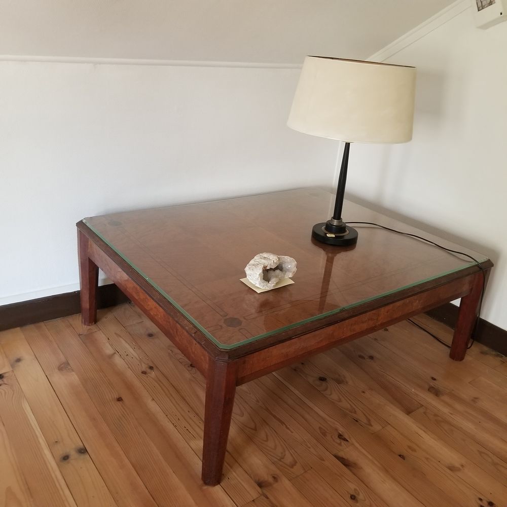 GRANDE TABLE BASSE MARQUETTEE + PLATEAU VERRE BISEAUTE Meubles