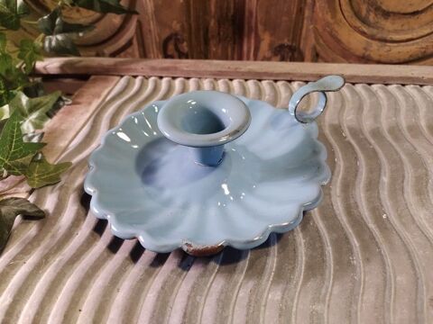 Ancien Bougeoir à Main Tôle Émaillée Bleu Ciel Vintage 22 Loches (37)