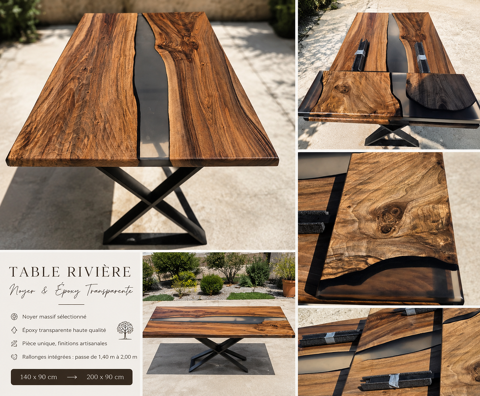 Magnifique table en noyer resine transparente neuve Noves (13)