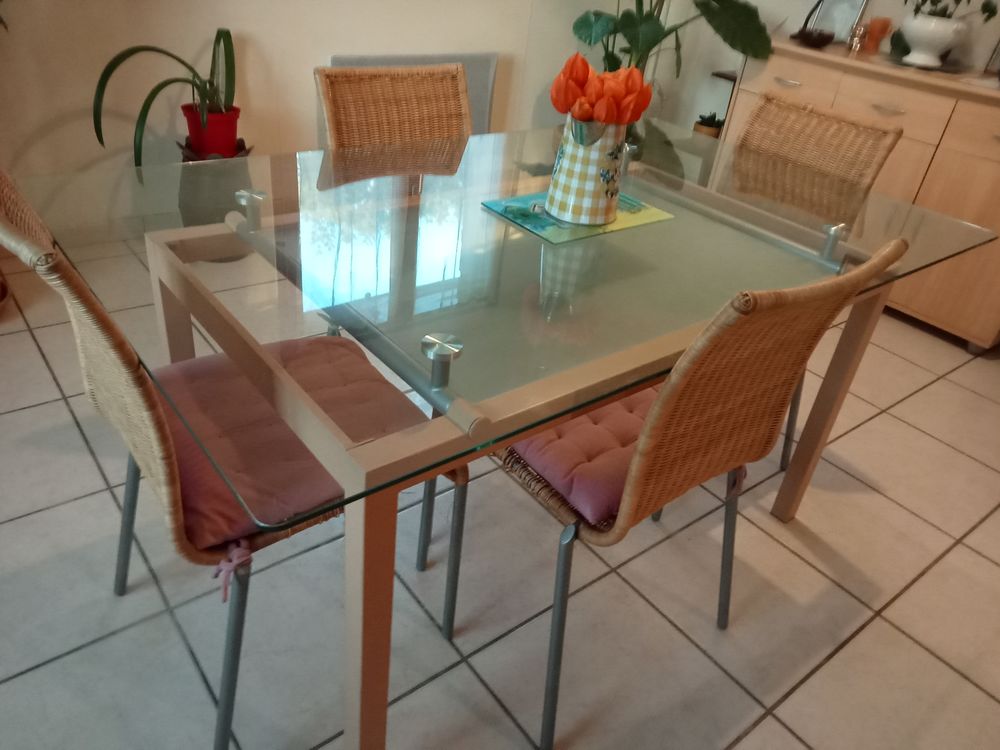 TABLE RECTANGULAIRE ET 4 CHAISES imitation rotin ,pieds gris Meubles
