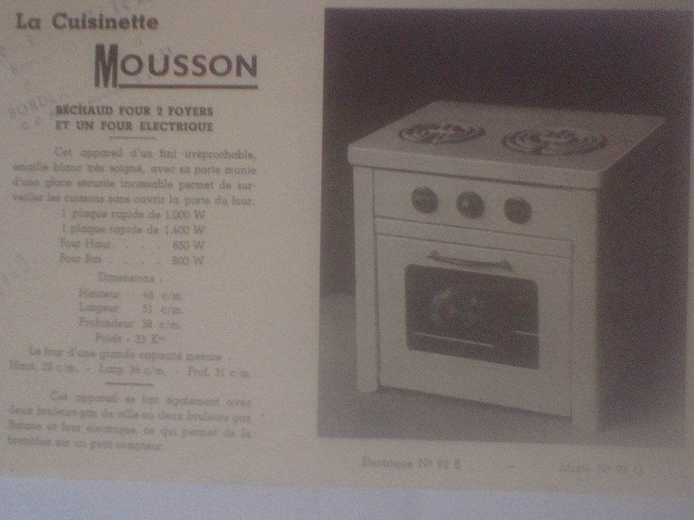 Pub Cuisinette Mousson R&eacute;chaud four 2 foyers N&deg;92E Mixte 92G 
