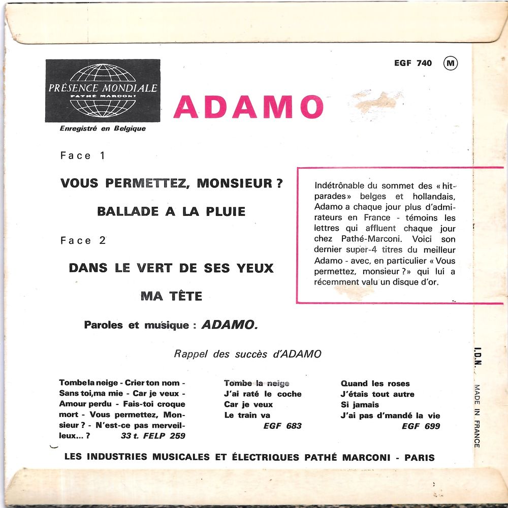 Adamo : Vous Permettez, Monsieur ? [Vinyle 45 tours 7' EP] CD et vinyles