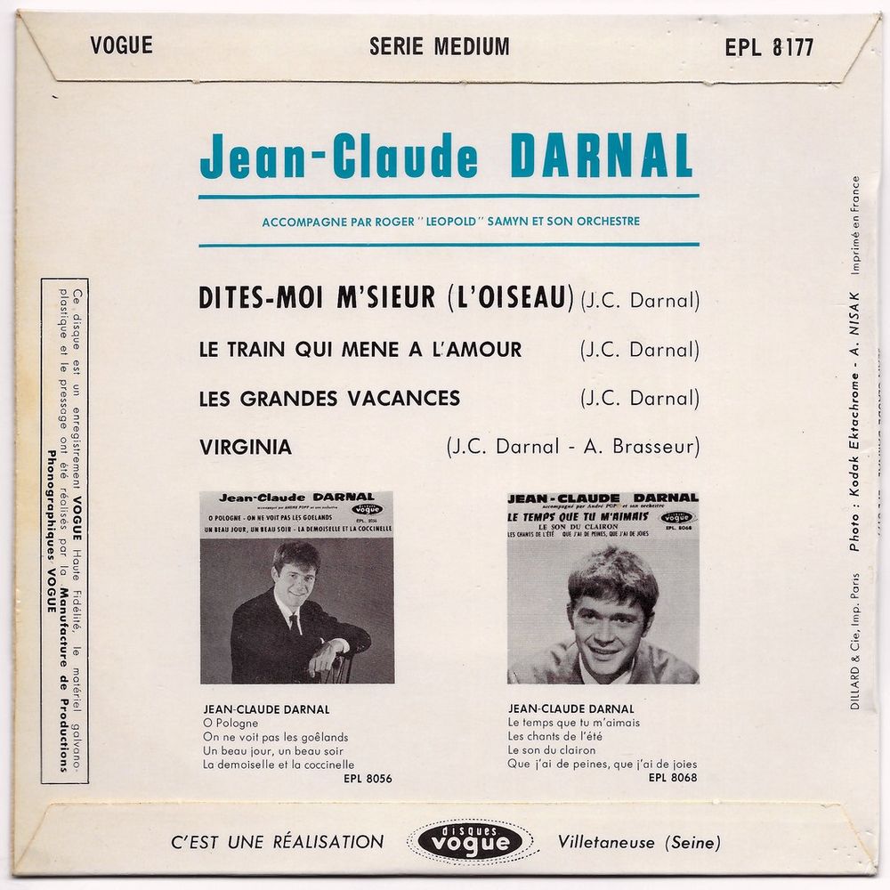 JEAN-CLAUDE DARNAL -45t EP-DITES-MOI M'SIEUR (L'OISEAU)-1963 CD et vinyles