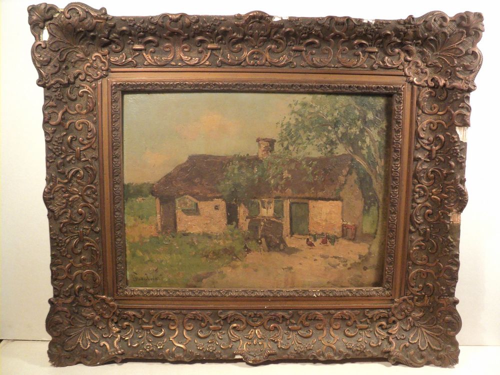Ancien Tableau Paysage Ferme Poules Barbizon XIX&egrave;me Décoration