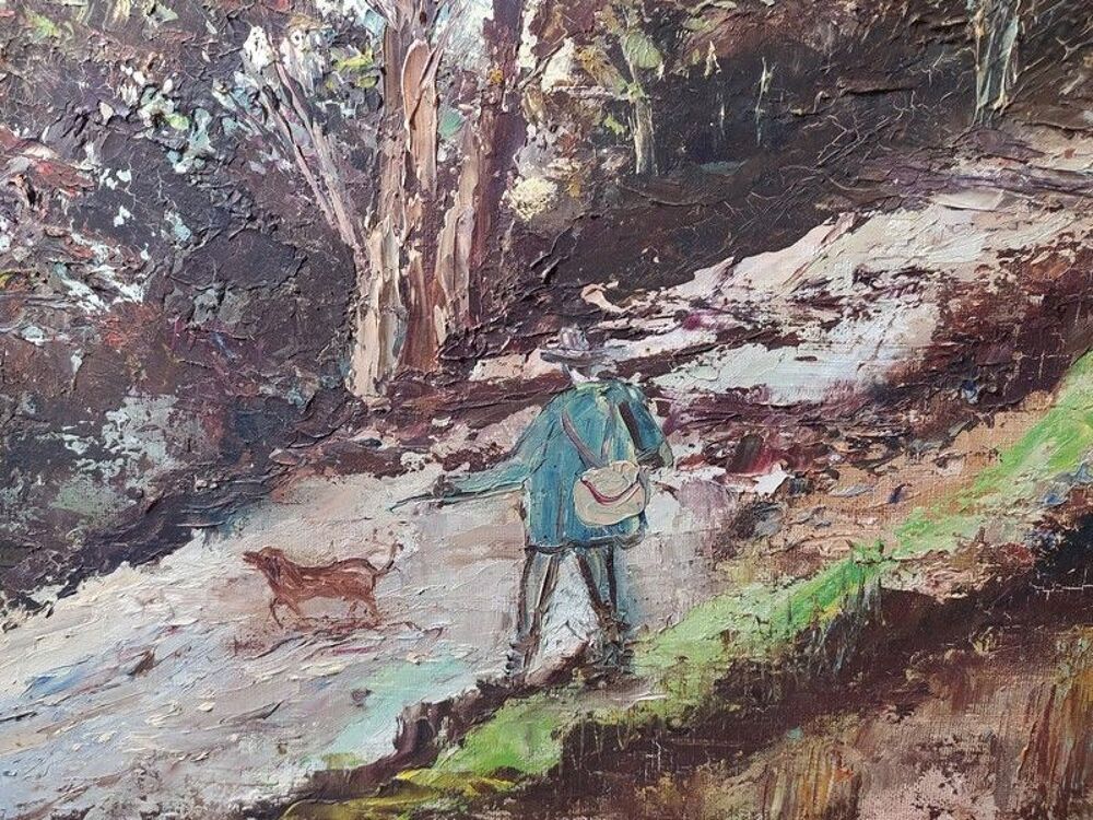 Ancien Tableau Chasseur Paysage Sign&eacute; Lhermite Décoration