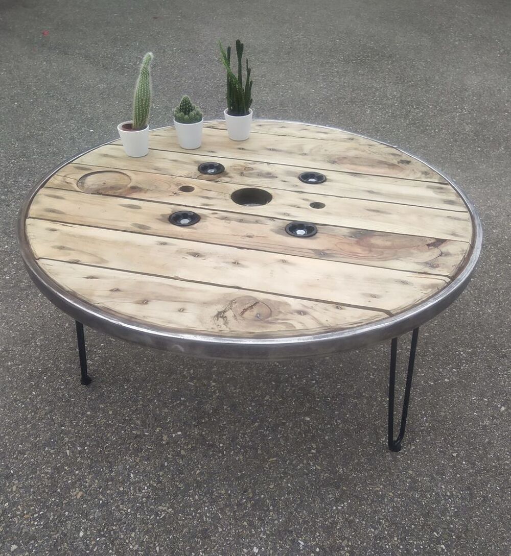 Table basse bois touret cercl&eacute; 90 cm Meubles