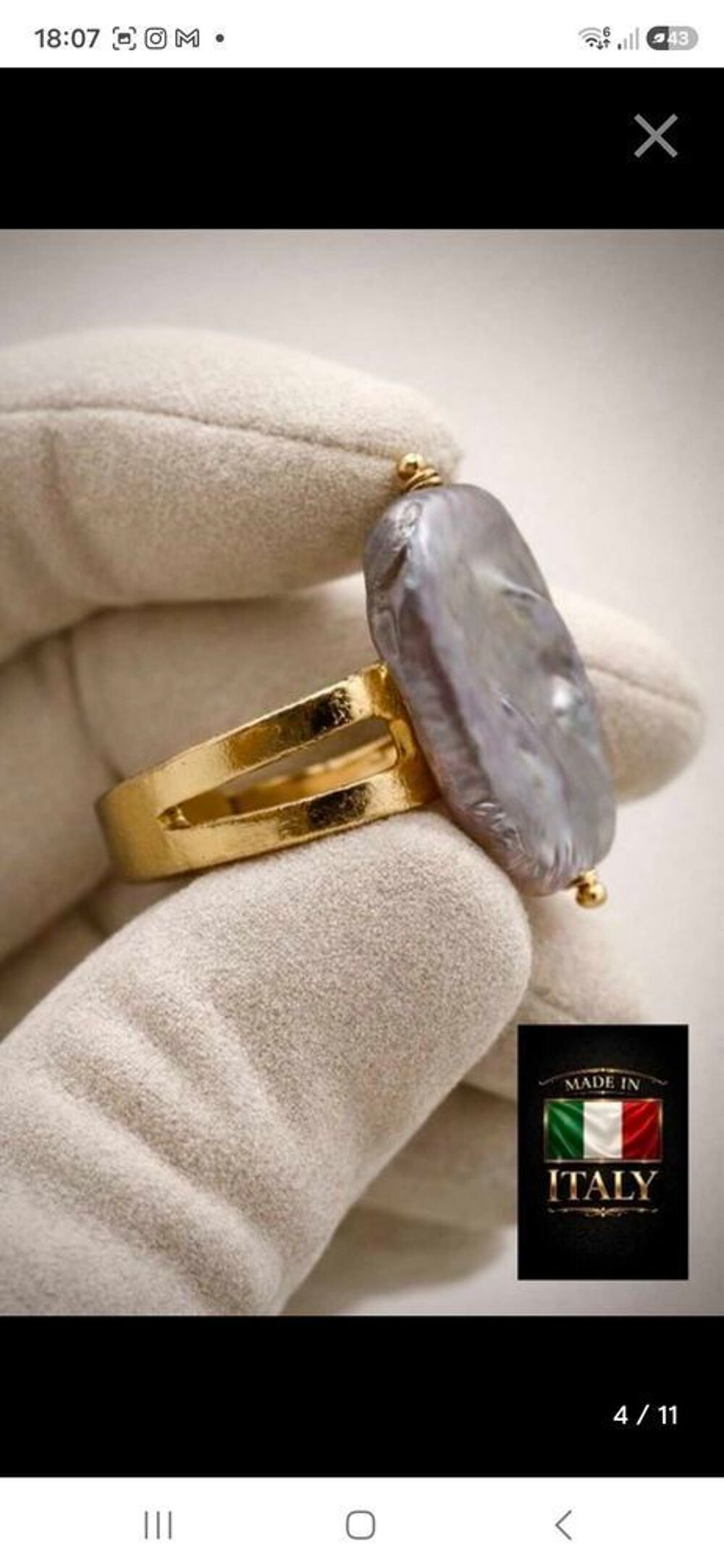 bague baroque perle et argent sterling 925 plaqu&eacute; or 21k Bijoux et montres