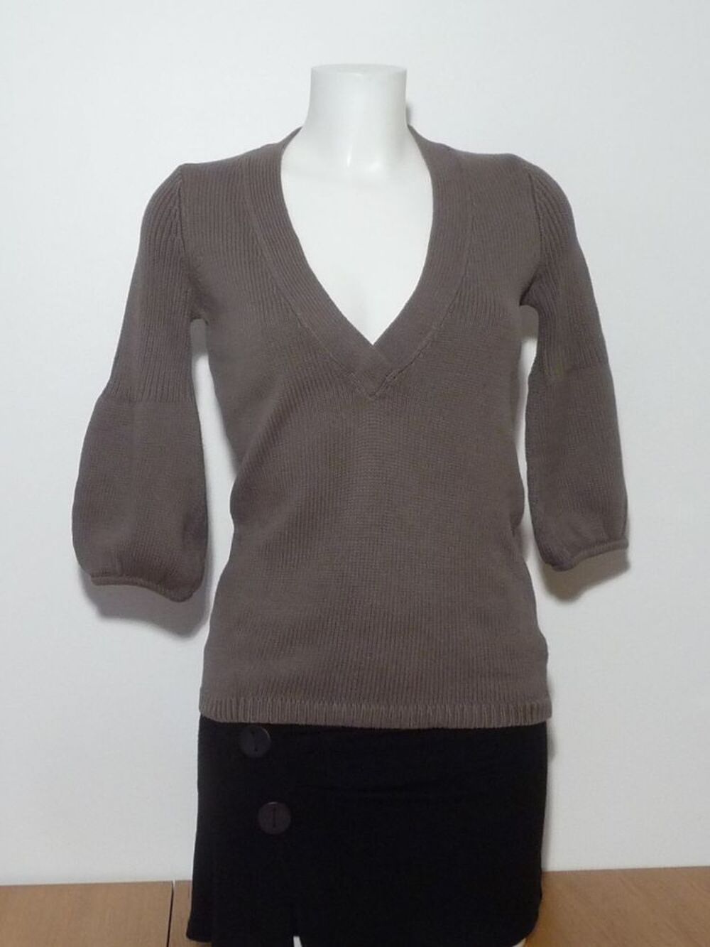 Pull 100% Coton Marron Taupe &agrave; Manches 3/4- 3 Suisses Vêtements